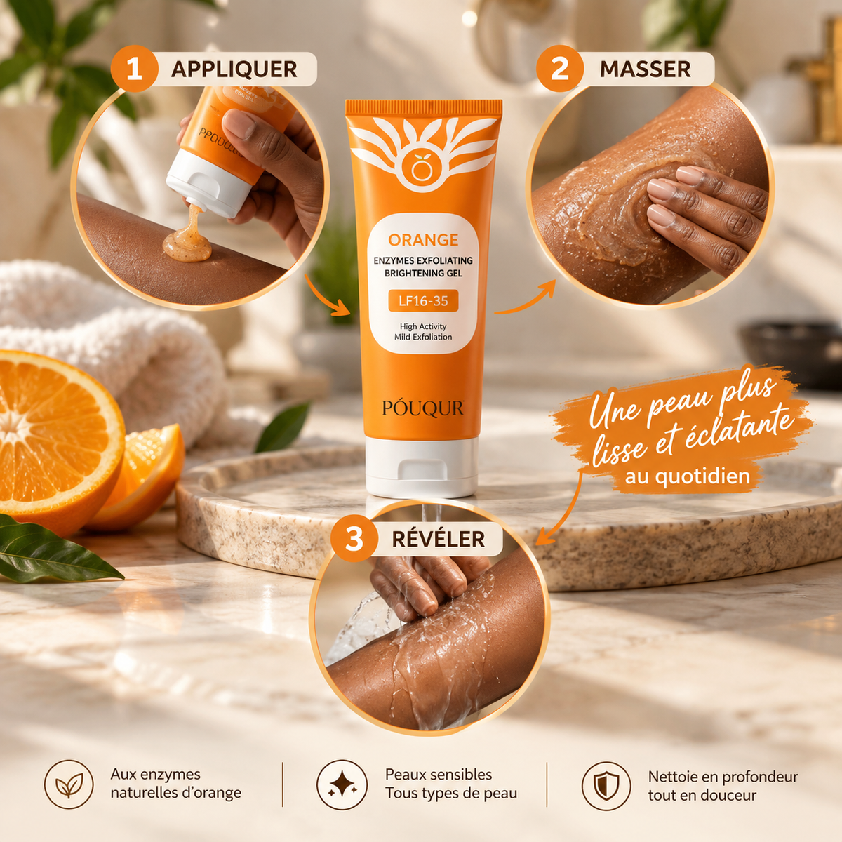 En 60s Revelez l'eclat de votre peau avec  Gel Exfoliant à l’Orange
