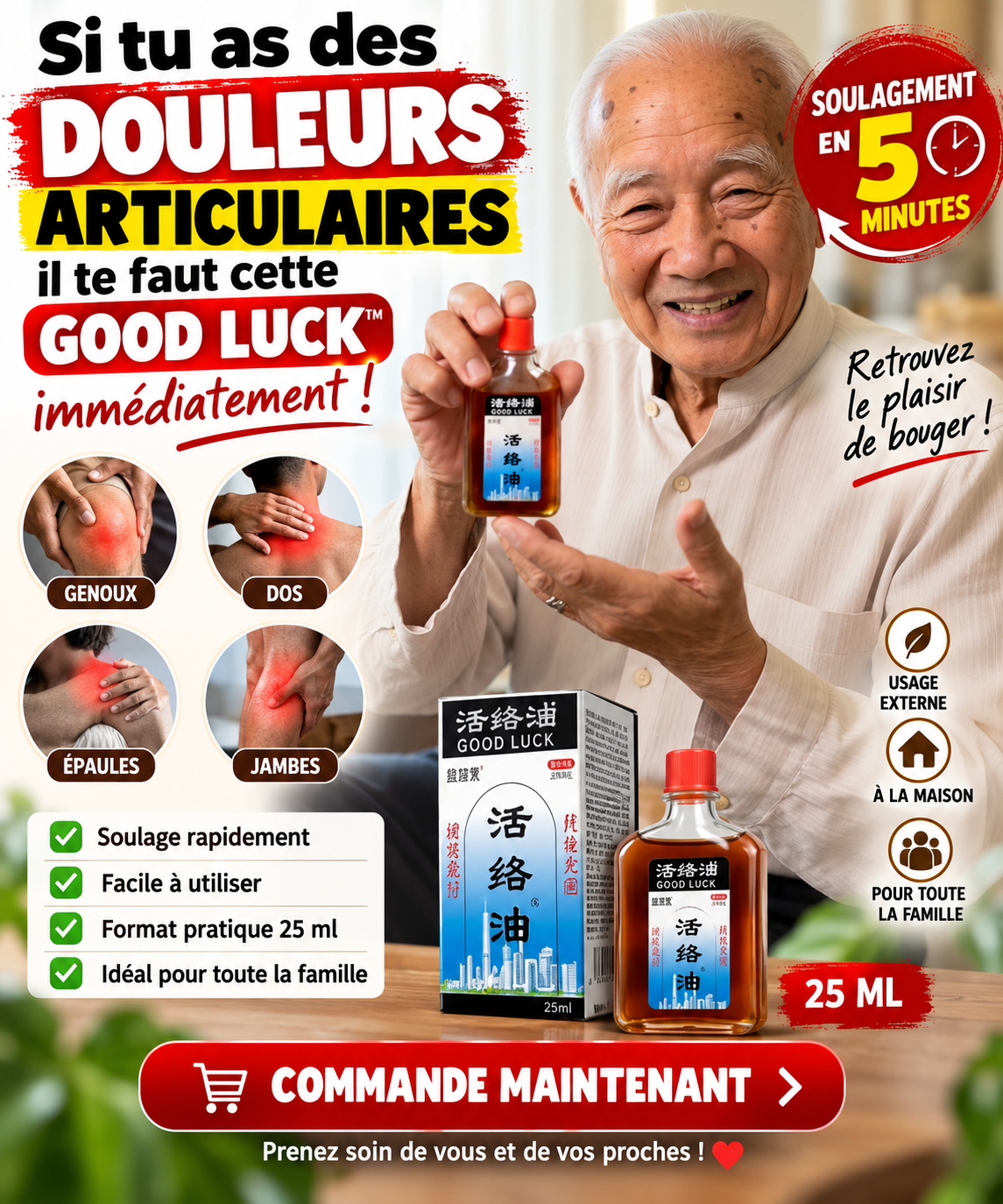 5 minutes pour soulager la douleur et stimuler la circulation avec Huile active GOOD LUCK